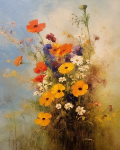 Buchet de margarete si maci pe fundal luminos