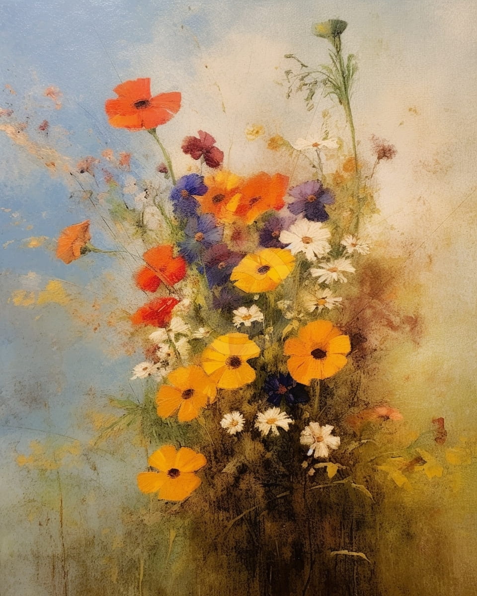 Tablou Buchet de margarete si maci pe fundal luminos