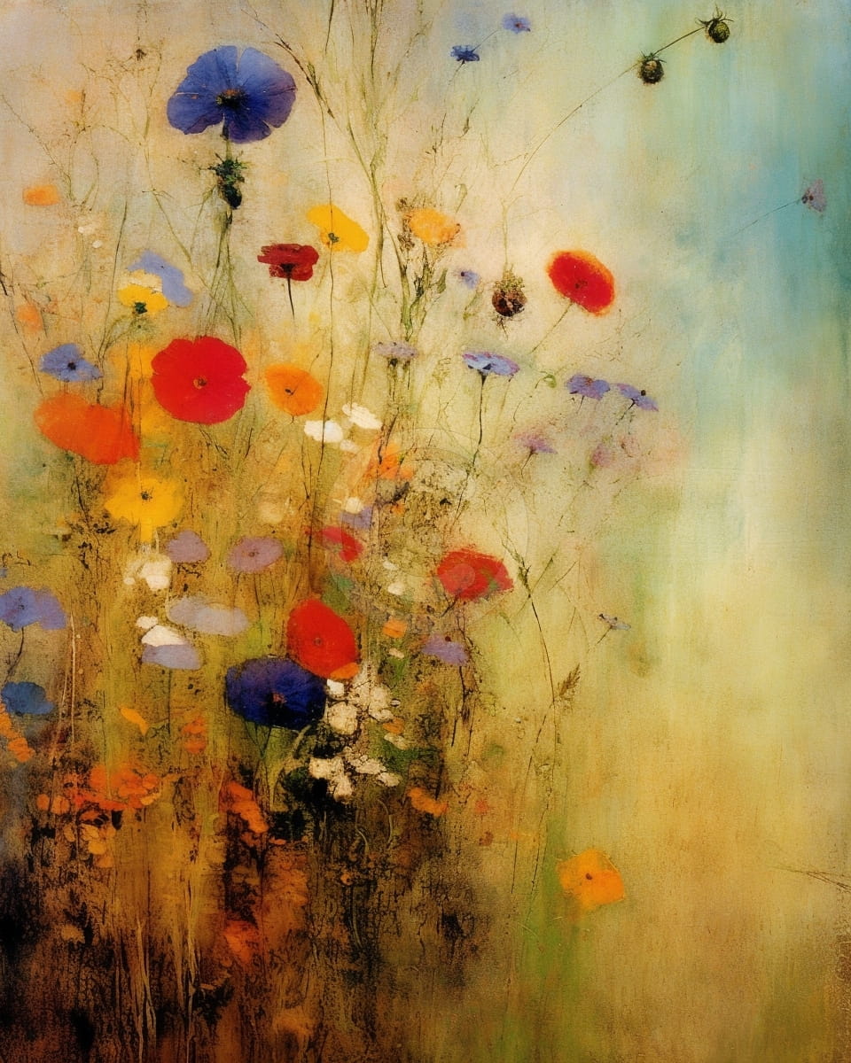 Tablou Camp cu flori in lumina calda