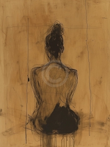 Silueta feminina desenata pe fundal ocru