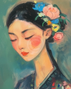 Portret Asiatic cu Flori in Par