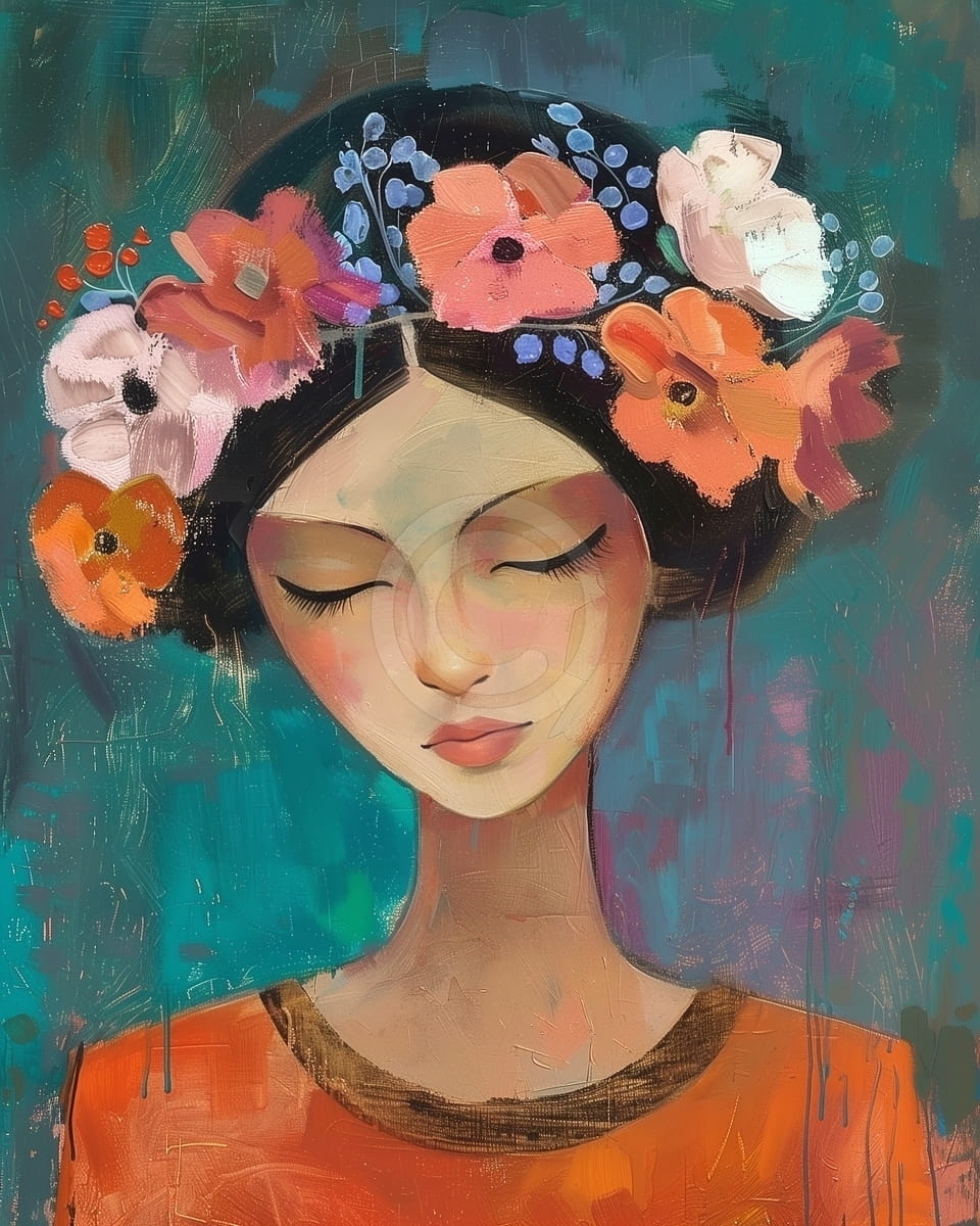 Tablou Portret Femeie cu Coroana de Flori