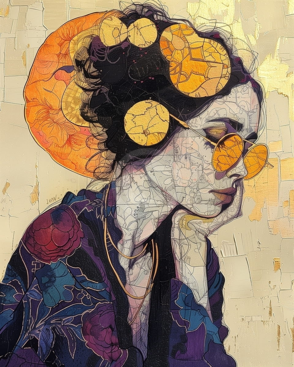 Tablou Femeie cu Ochelari Galbeni si Kimono Floral
