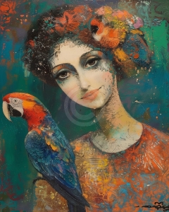 Portret cu femeie si papagal colorat