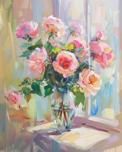 Buchet de trandafiri roz in vaza de sticla