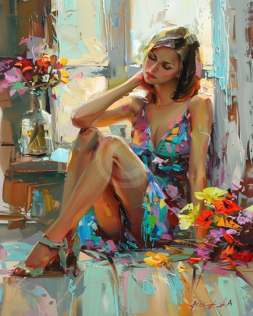 Tablou Femeie sezand langa fereastra cu flori