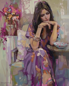 Femeie in rochie mov in moment de reflectie