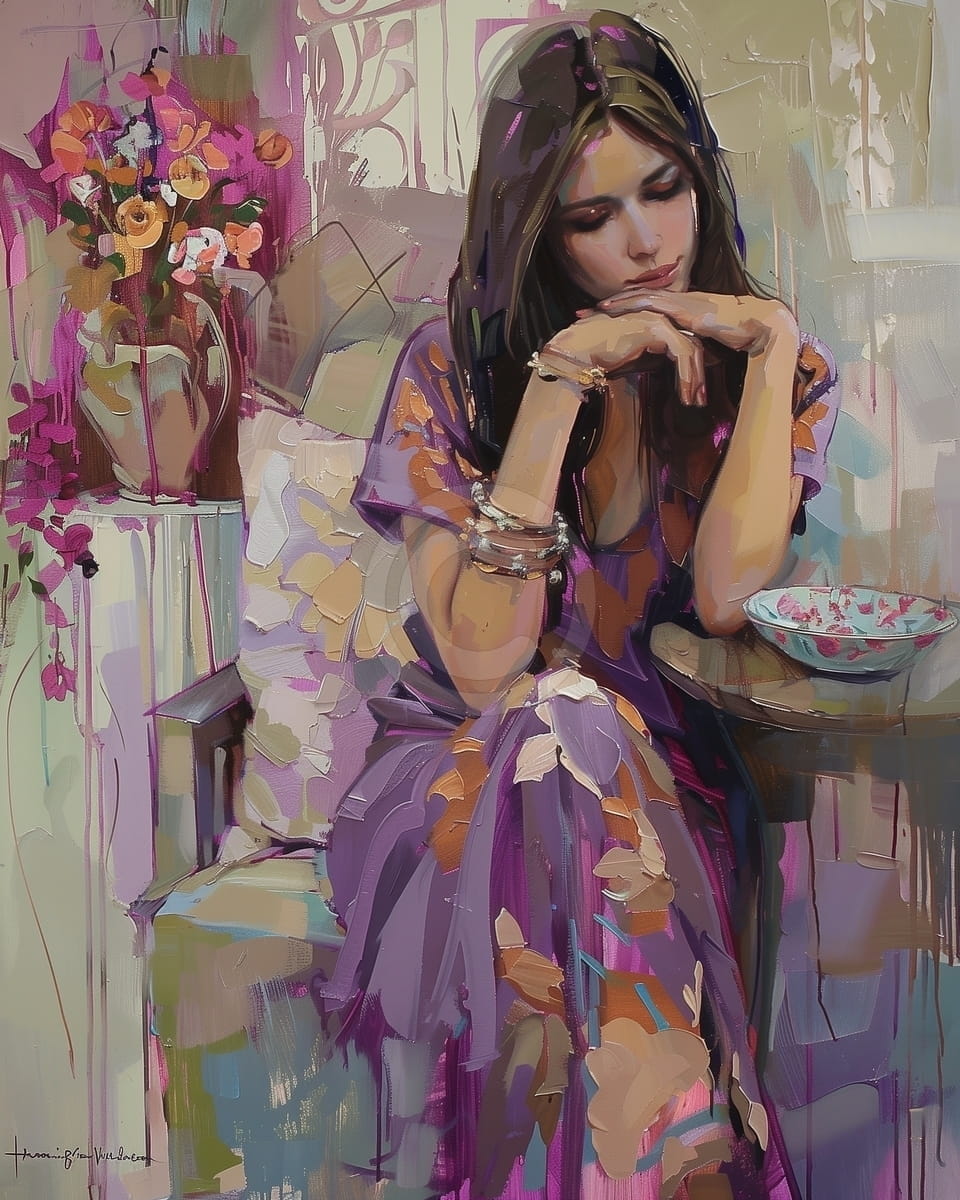 Tablou Femeie in rochie mov in moment de reflectie