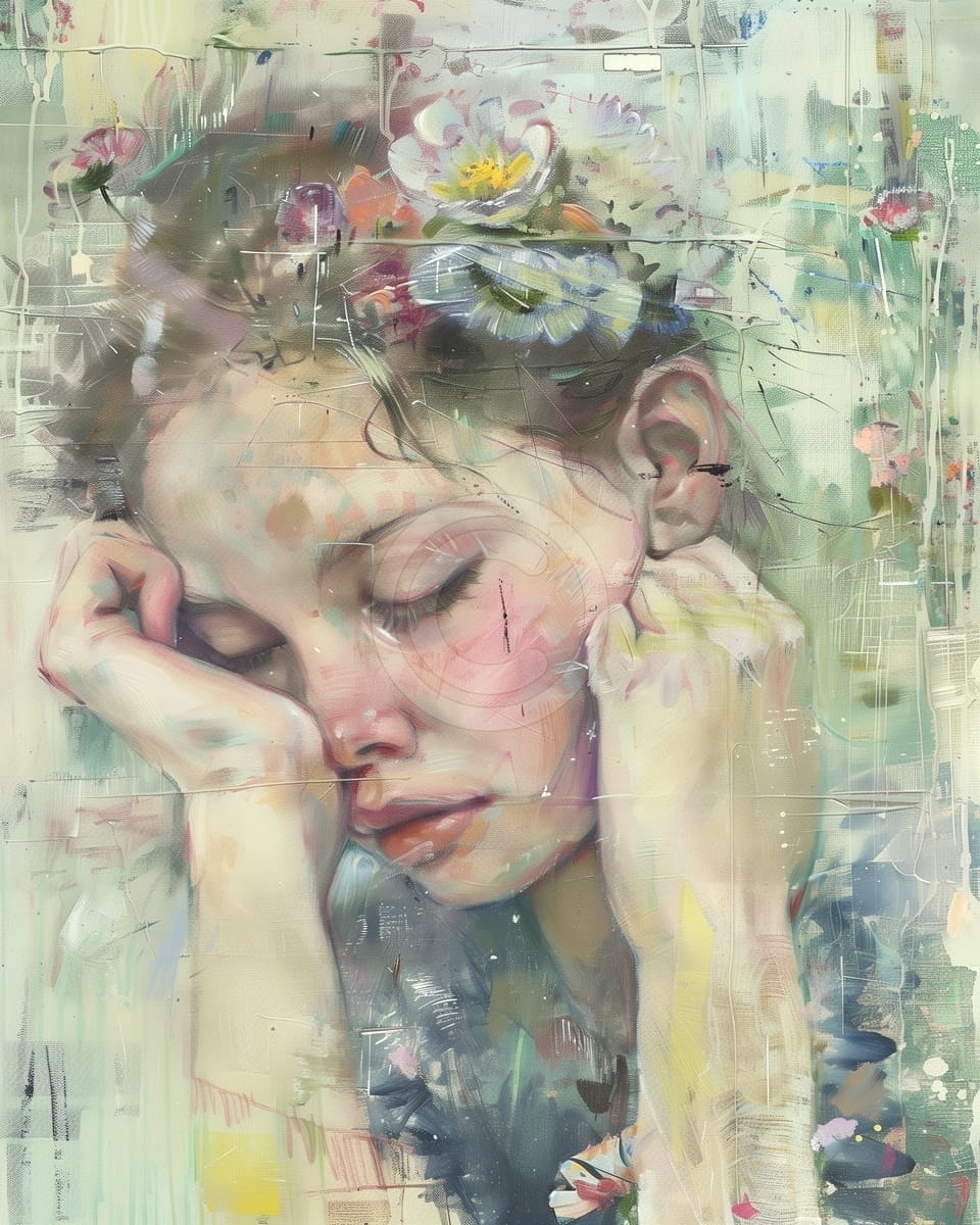 Tablou Fata cu flori in par si chip odihnit