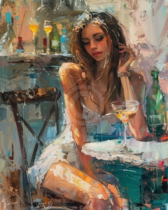 Femeie in rochie alba cu pahar de vin