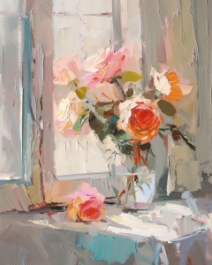 Trandafiri portocalii in lumina ferestrei