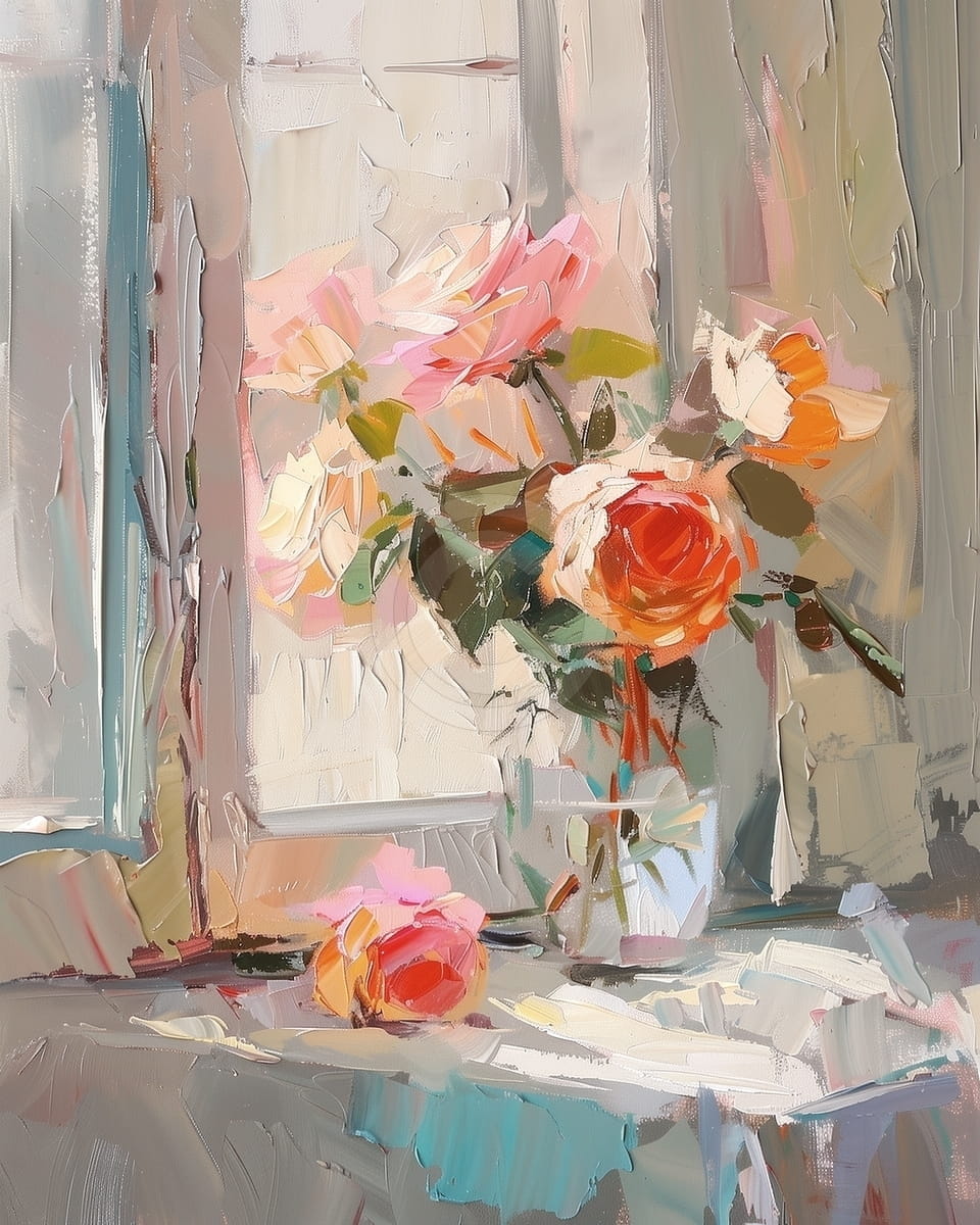 Tablou Trandafiri portocalii in lumina ferestrei