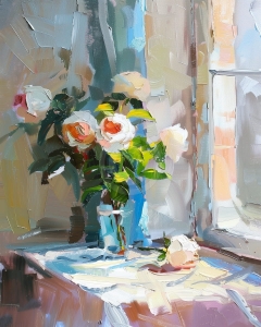 Trandafiri albi in lumina diminetii