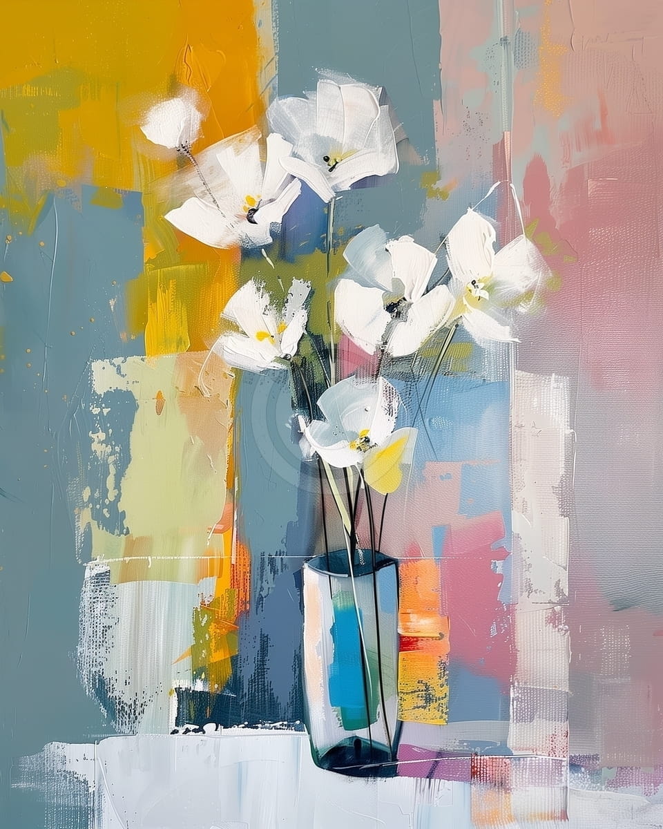 Tablou Flori albe in vaza pe fundal abstract colorat