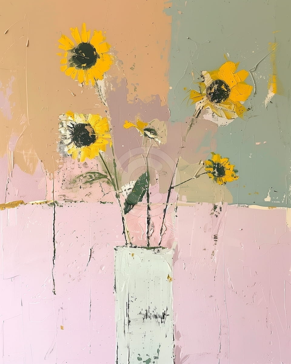 Tablou Flori de floarea soarelui in vaza pe fundal pastel