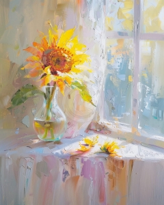 Floare de floarea soarelui in vaza langa fereastra