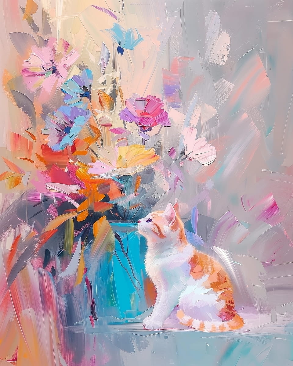 Tablou Pisica si flori colorate pe fundal pastel