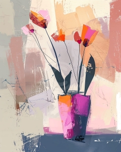 Flori stilizate in vaza roz pe fundal abstract