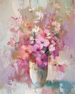 Buchet de flori roz in vaza pe fundal pastel