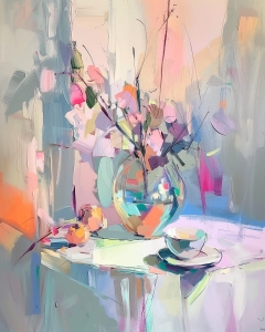 Natura statica cu flori si fructe pe fundal pastel