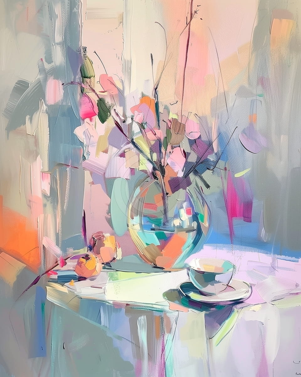 Natura statica cu flori si fructe pe fundal pastel