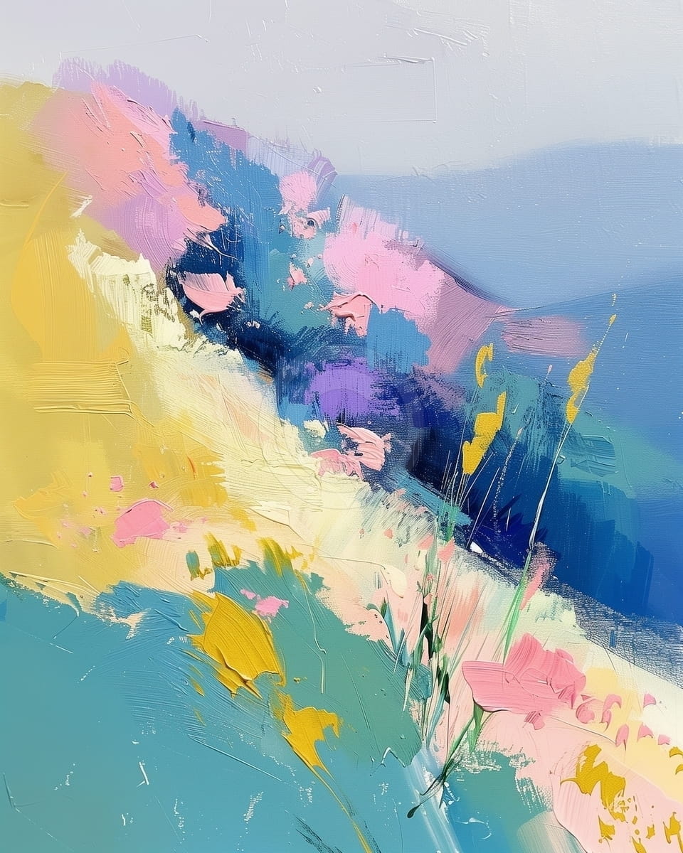 Tablou Peisaj abstract cu dealuri colorate si flori