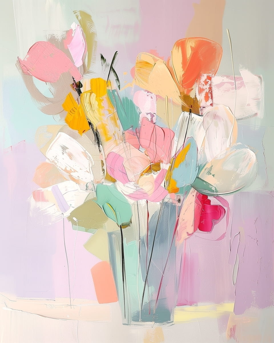 Tablou Flori colorate in vaza transparenta pe fundal pastel