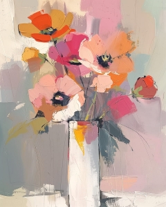 Buchet de flori in nuante calde pe fundal abstract