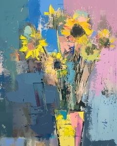 Floarea soarelui in vaza galbena pe fundal abstract