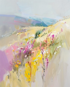 Peisaj de vara cu flori salbatice pe colina