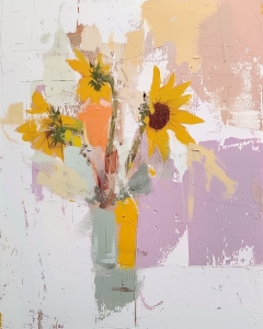 Floarea soarelui in vaza verde pastel pe fundal deschis