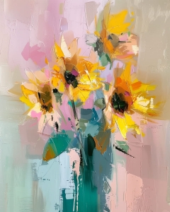 Flori galbene in vaza pe fundal pastelat