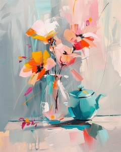 Vaza cu flori si ceainic turcoaz