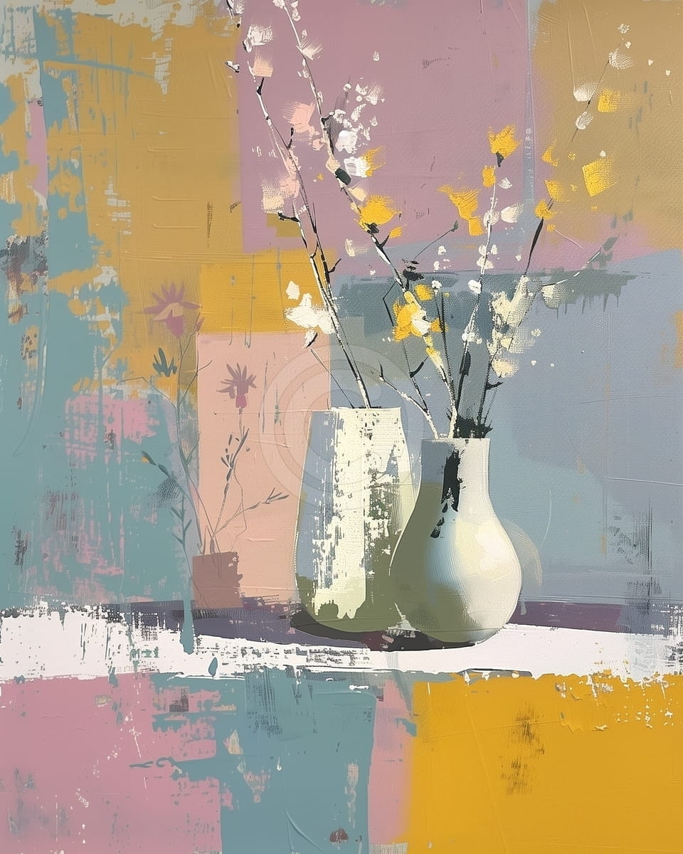 Tablou Vaze cu ramuri inflorite pe fundal geometric