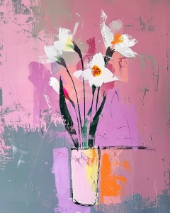 Narcise albe in vaza roz