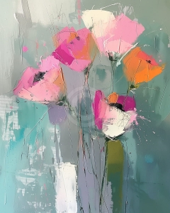 Flori roz si portocalii pe fundal verde