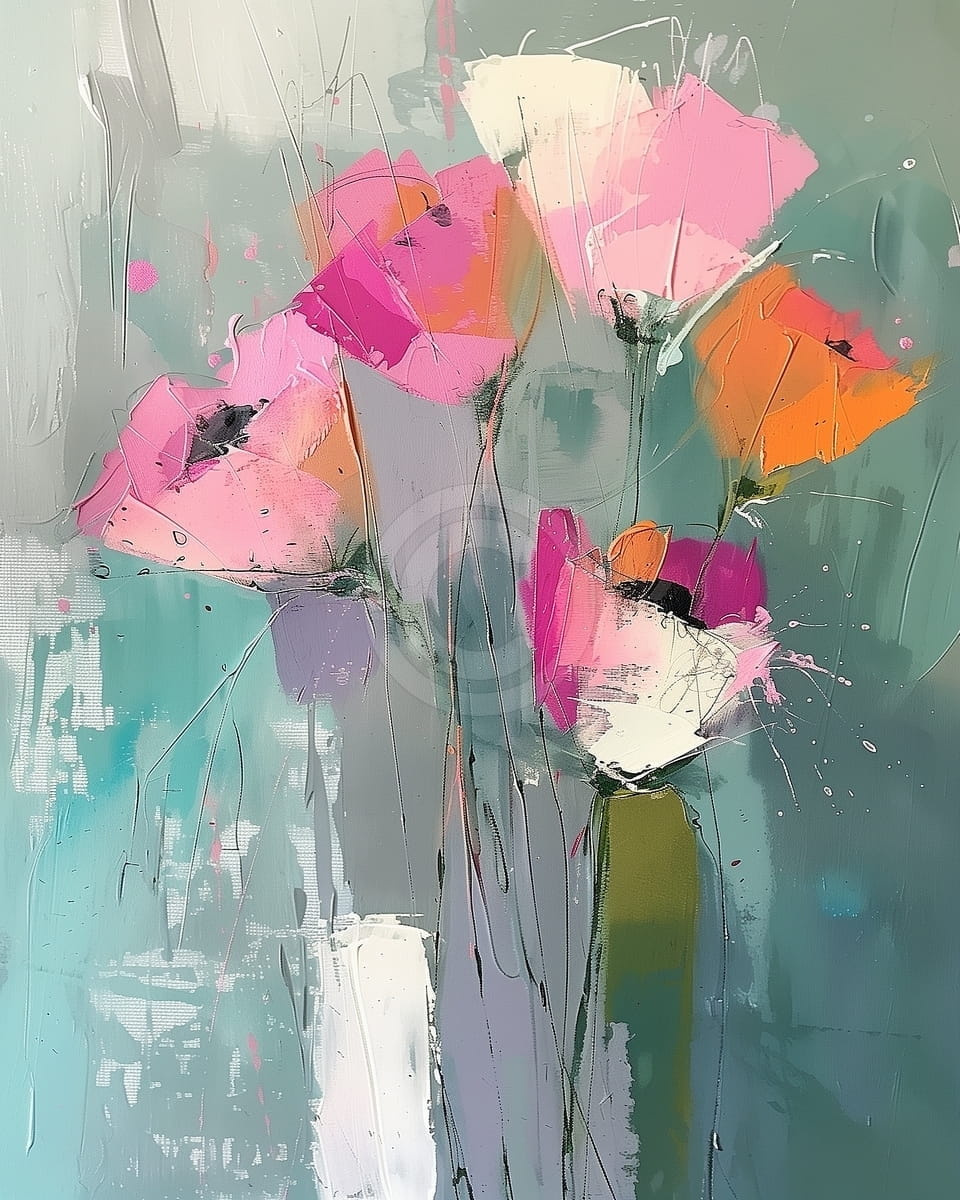 Tablou Flori roz si portocalii pe fundal verde