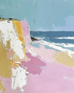 Peisaj marin cu stanci si plaja roz