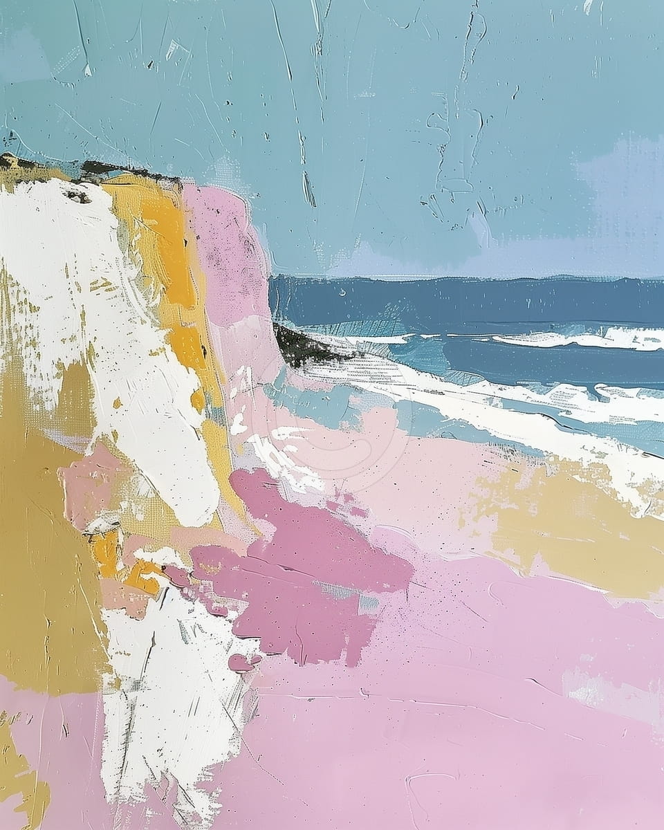 Tablou Peisaj marin cu stanci si plaja roz