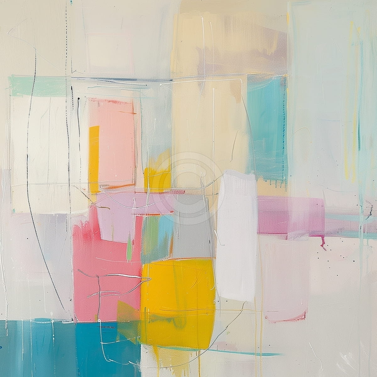 Tablou Abstract pastel cu accente galbene si turcoaz