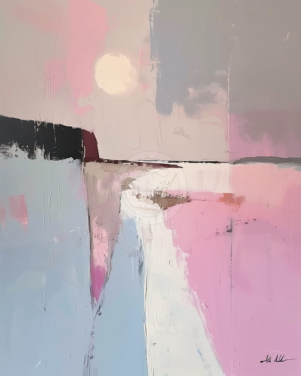 Tablou Peisaj abstract in roz si gri cu soare pal