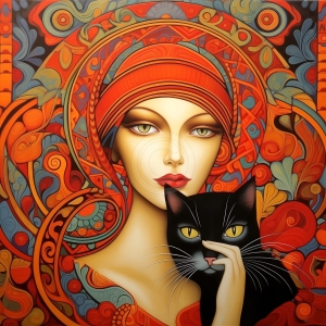 Portret artistic cu pisica neagra si fundal ornamental