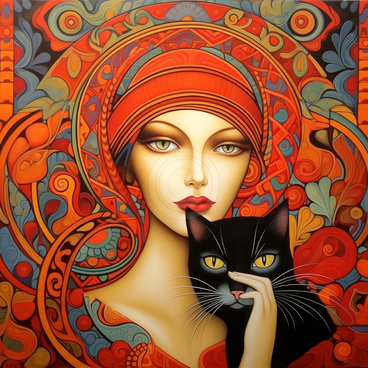 Tablou Portret artistic cu pisica neagra si fundal ornamental