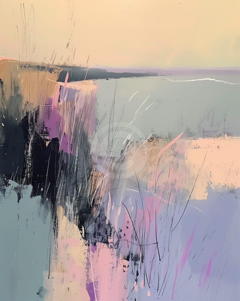 Tablou Peisaj marin abstract cu vegetatie si orizont pastel