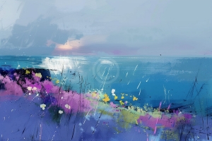 Peisaj marin abstract cu flori salbatice