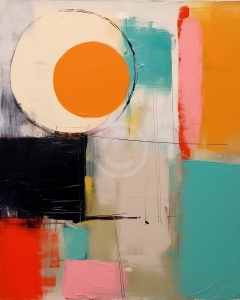 Pictura abstracta colorata cu cerc portocaliu