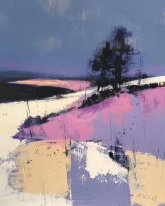 Peisaj abstract cu copaci si camp violet