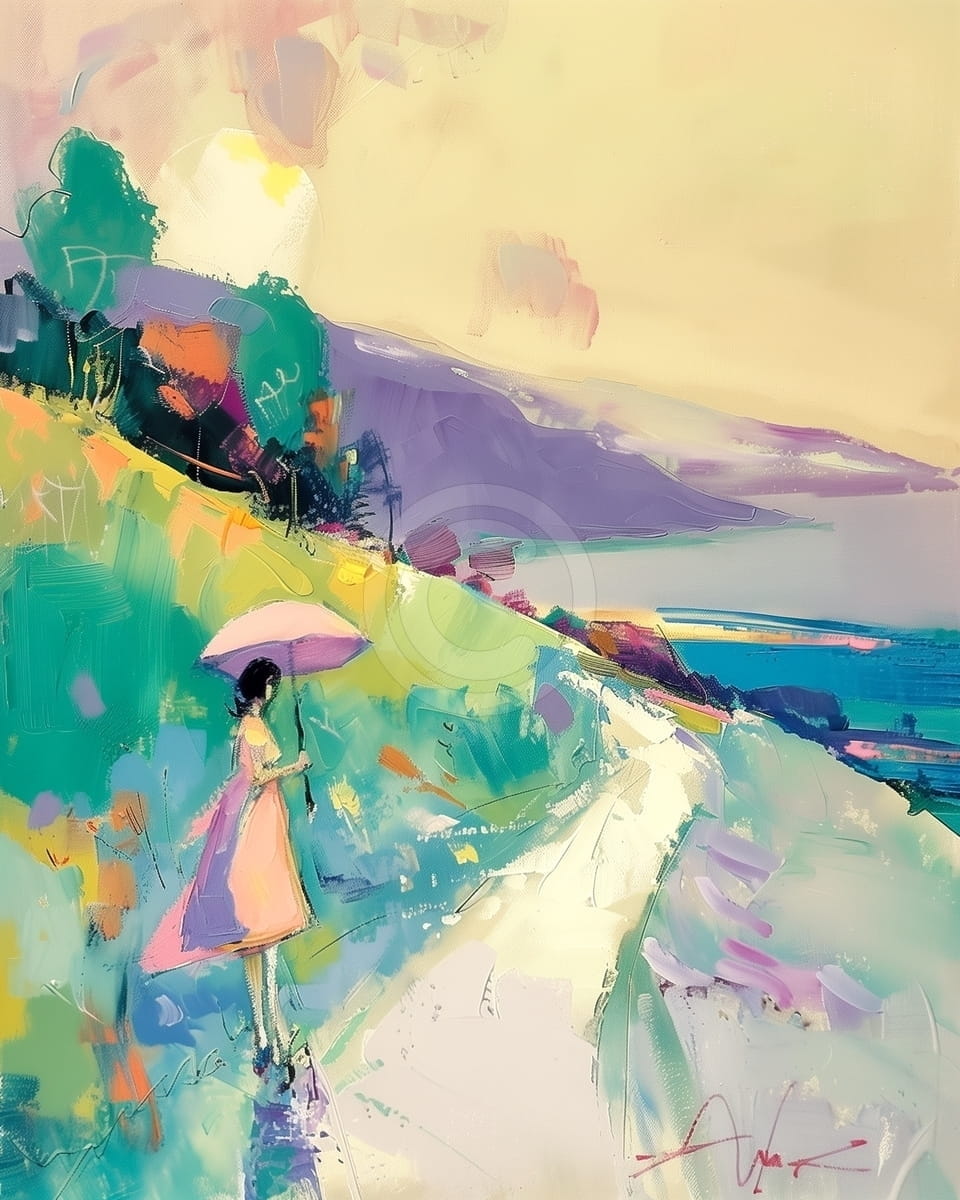 Tablou Femeie cu umbrela pe un drum de coasta