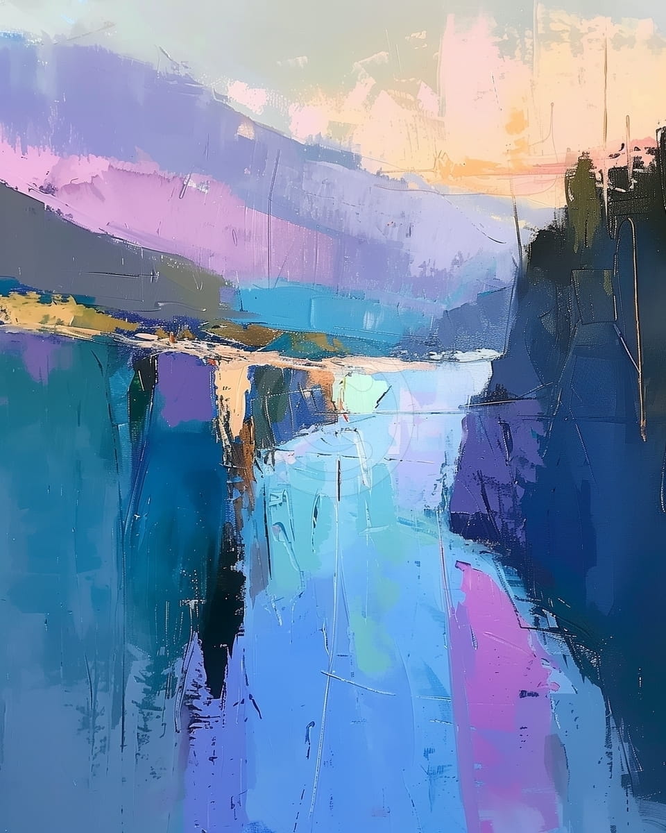 Tablou Peisaj montan cu reflexii in apus