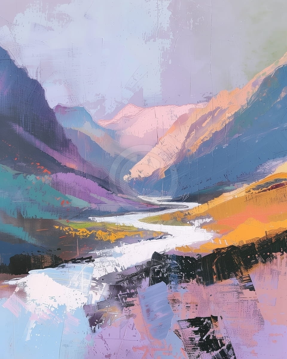 Tablou Vale printre munti in culori pastel